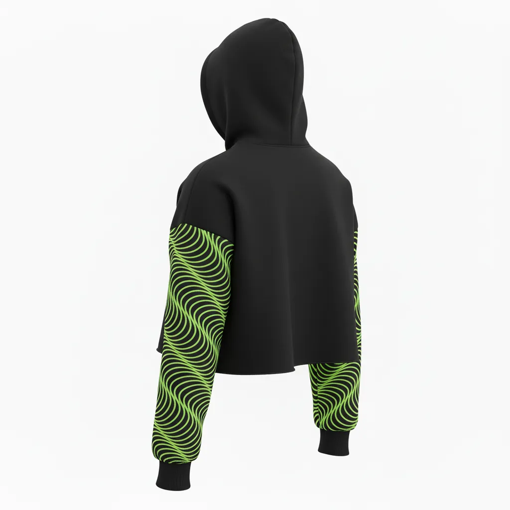 Custom Volleyball Pullover Hoodie - Black, Green - Crop Hoodie Neon Wave Pattern - Back View - HAMCO Sports Inc.