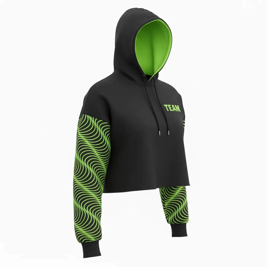 Custom Volleyball Pullover Hoodie - Black, Green - Crop Hoodie Neon Wave Pattern - Front View - HAMCO Sports Inc.