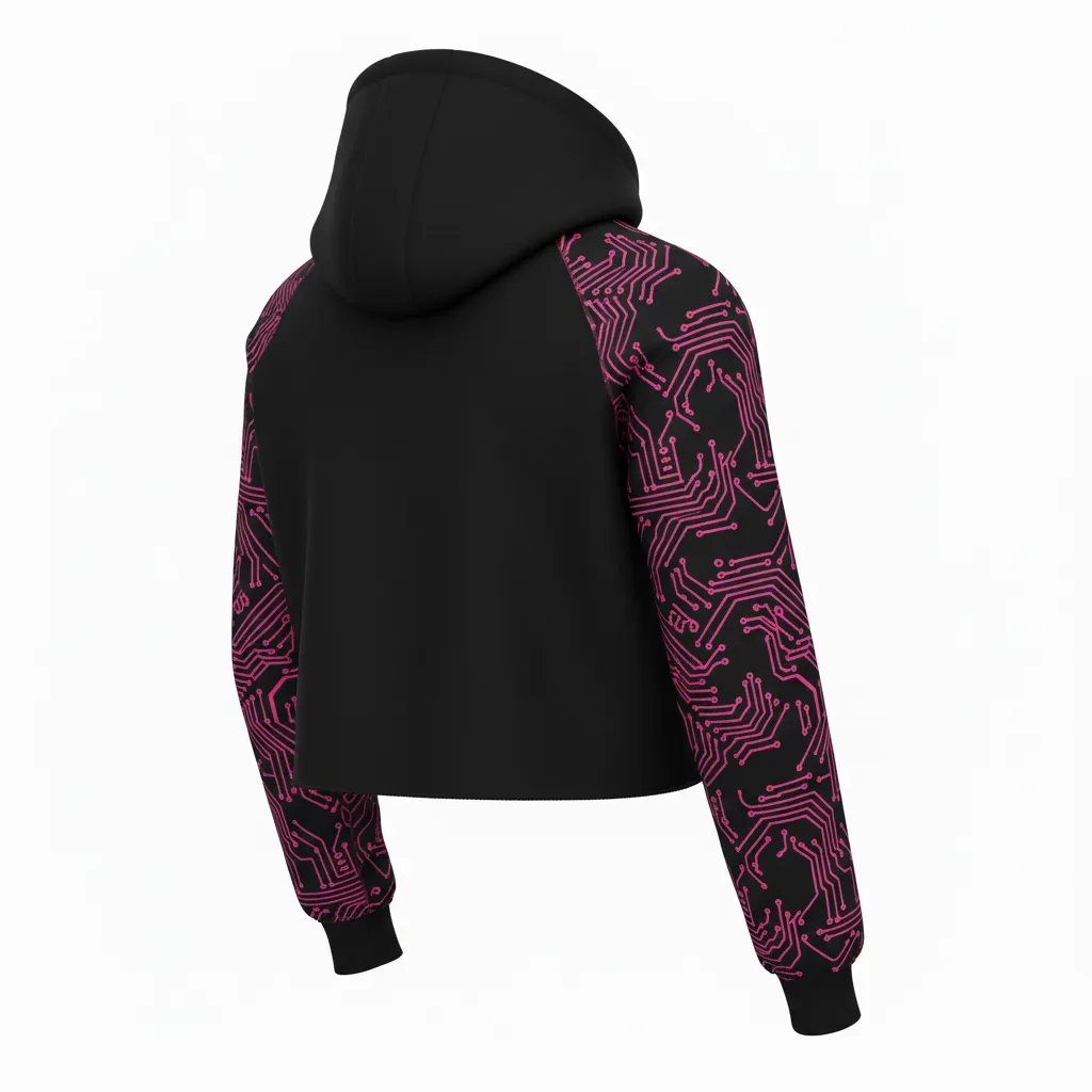 Custom Volleyball Pullover Hoodie - Black - Crop Hoodie Neon Pink Circuit Pattern - Back View - HAMCO Sports Inc.