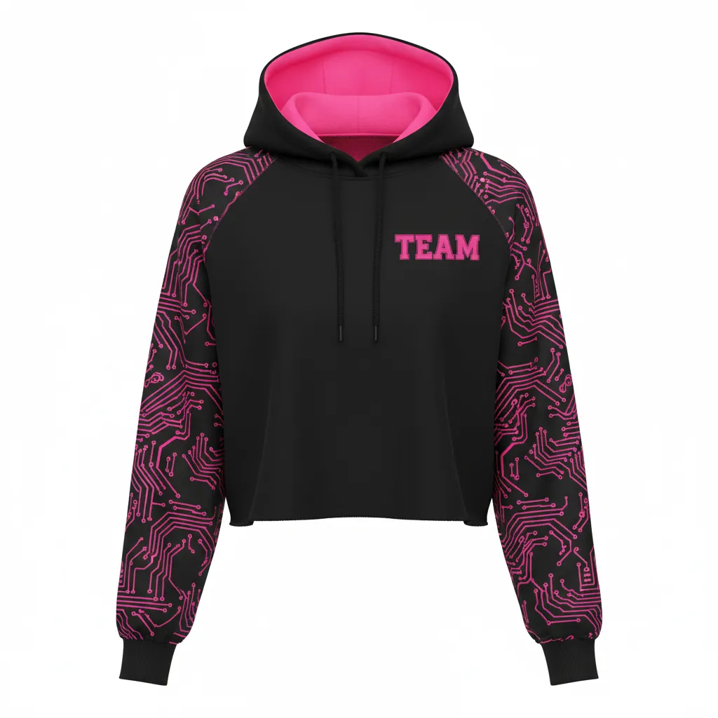 Custom Volleyball Pullover Hoodie - Black - Crop Hoodie Neon Pink Circuit Pattern - Front View - HAMCO Sports Inc.