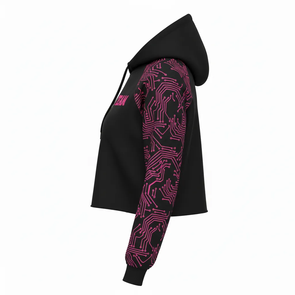 Custom Volleyball Pullover Hoodie - Black - Crop Hoodie Neon Pink Circuit Pattern - Side View - HAMCO Sports Inc.