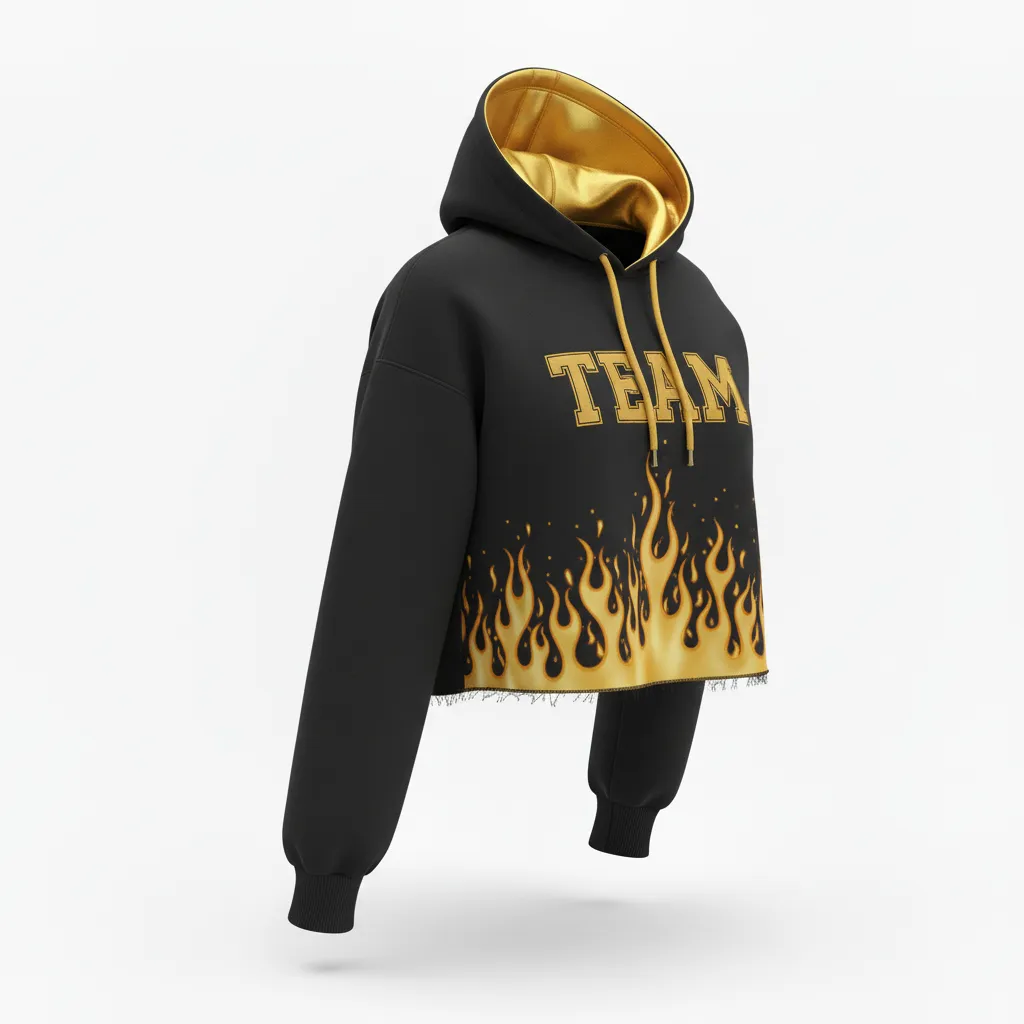 Custom Volleyball Pullover Hoodie - Black, Gold - Crop Hoodie Vegas Flame Design - Front View - HAMCO Sports Inc.