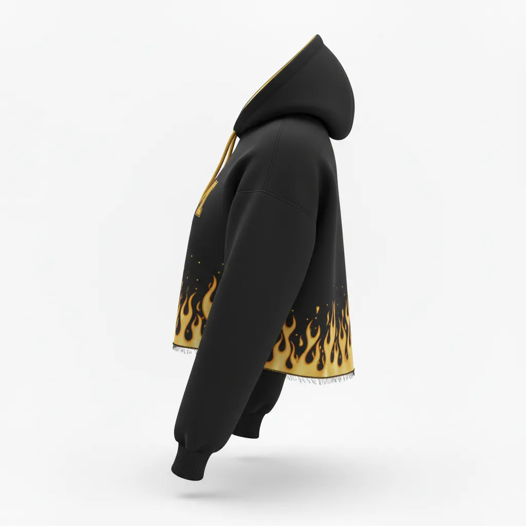 Custom Volleyball Pullover Hoodie - Black, Gold - Crop Hoodie Vegas Flame Design - Side View - HAMCO Sports Inc.