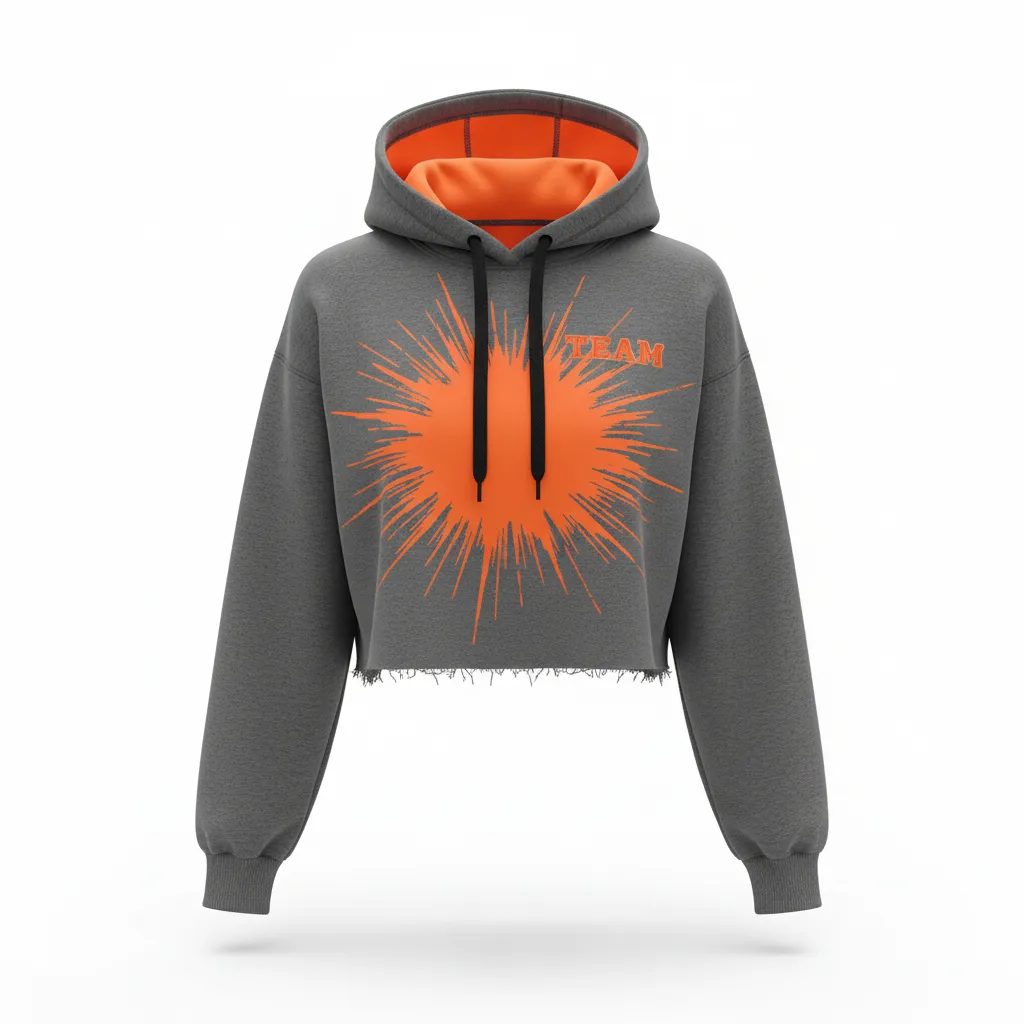 Custom Volleyball Pullover Hoodie - Grey, Orange - Crop Hoodie Charcoal Neon Burst - Front View - HAMCO Sports Inc.
