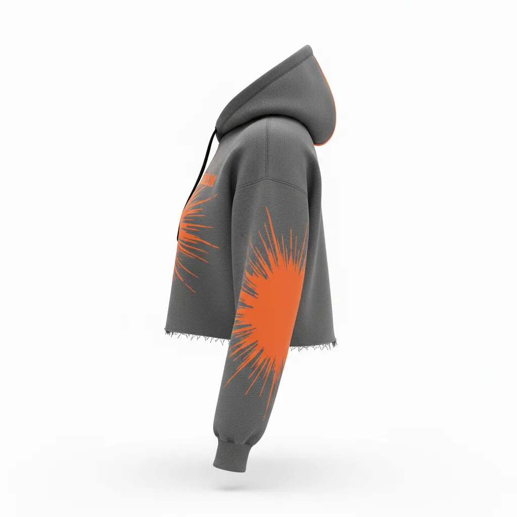 Custom Volleyball Pullover Hoodie - Grey, Orange - Crop Hoodie Charcoal Neon Burst - Side View - HAMCO Sports Inc.