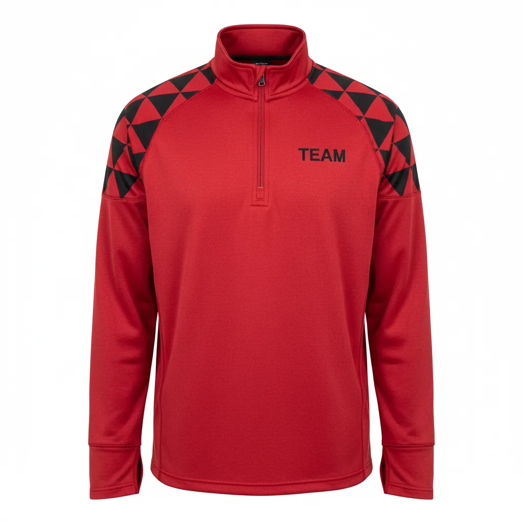 Custom Volleyball Quarter Zip Pullover - Red, Black - Quarter Zip Pullover Athletic Geometric Triangles - Front View - HAMCO Sports Inc.