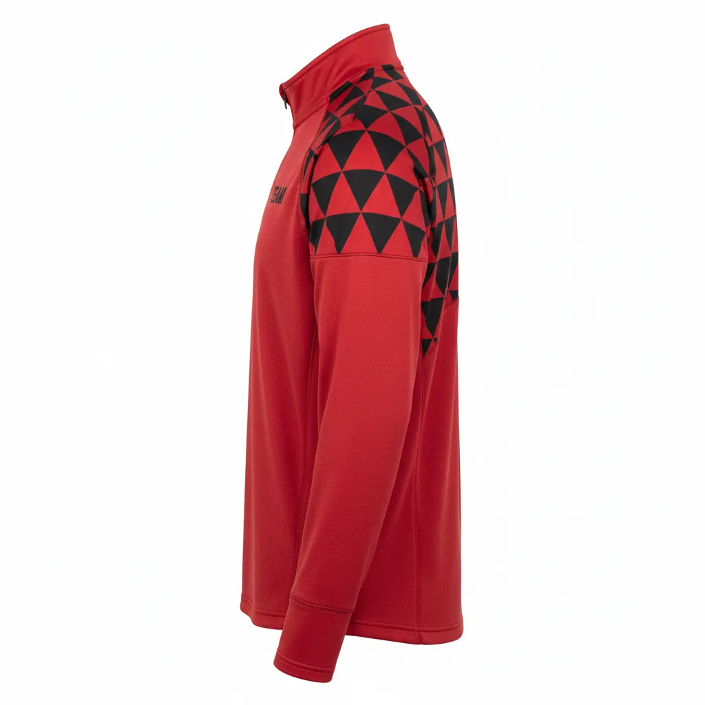 Custom Volleyball Quarter Zip Pullover - Red, Black - Quarter Zip Pullover Athletic Geometric Triangles - Side View - HAMCO Sports Inc.