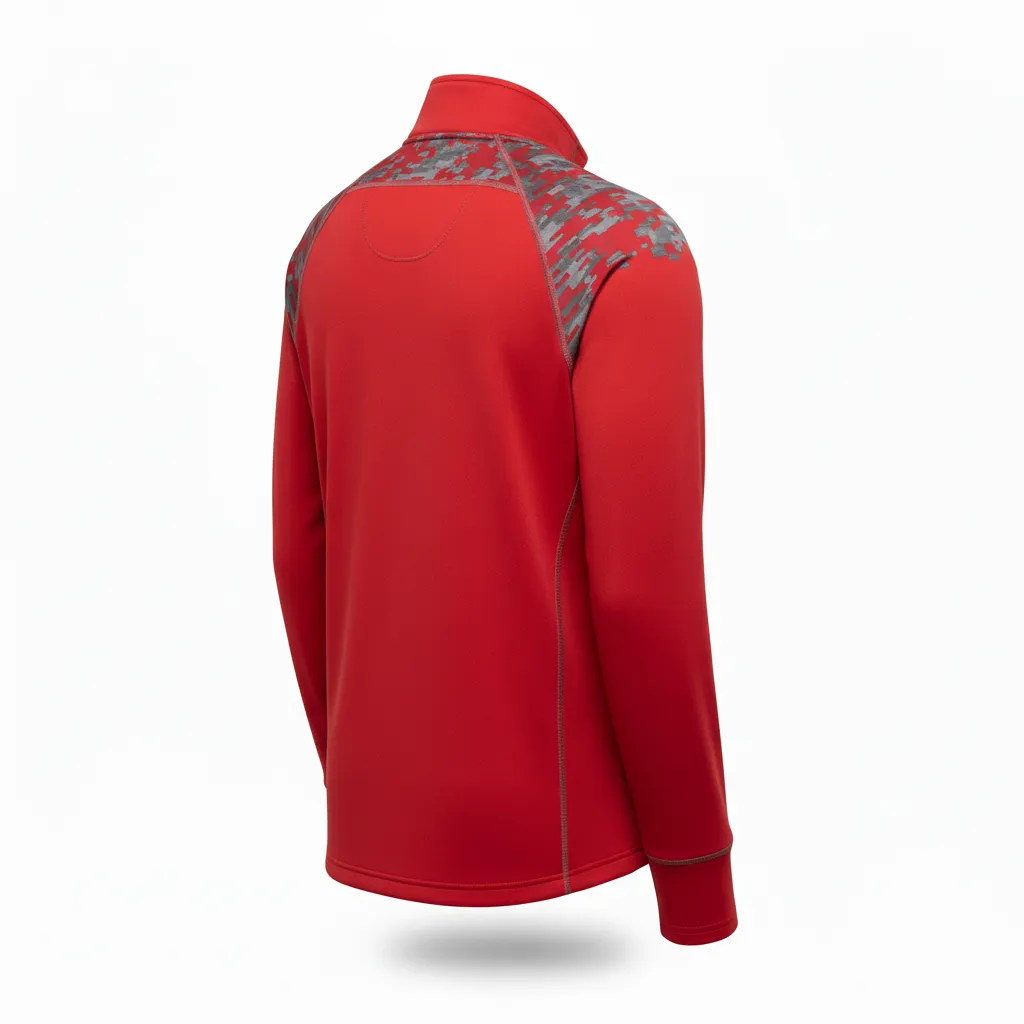 Custom Volleyball Quarter Zip Pullover - Red, Grey - Quarter Zip Pullover Athletic Camo Pattern - Back View - HAMCO Sports Inc.