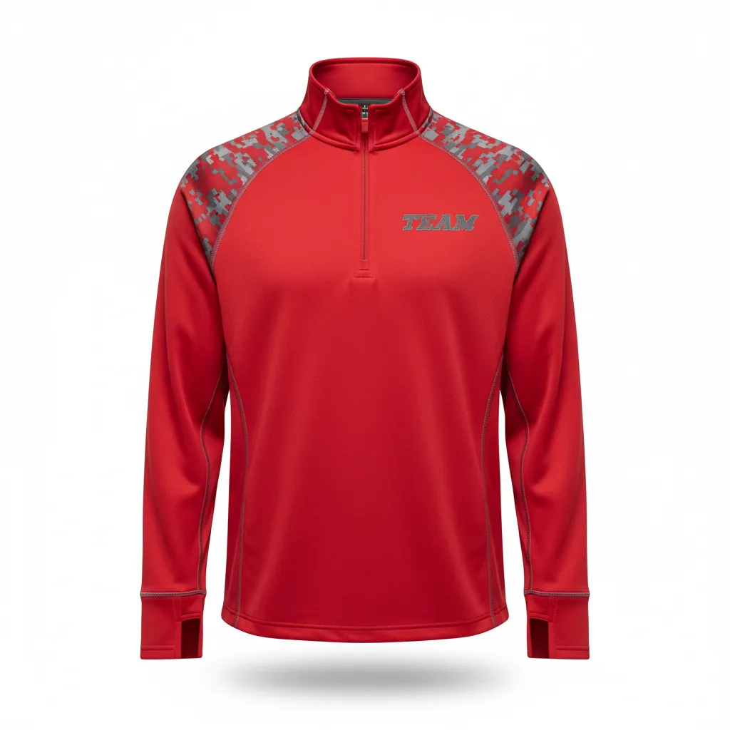 Custom Volleyball Quarter Zip Pullover - Red, Grey - Quarter Zip Pullover Athletic Camo Pattern - Front View - HAMCO Sports Inc.