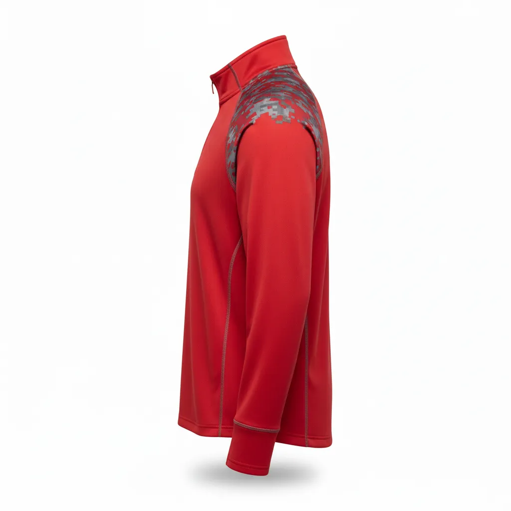 Custom Volleyball Quarter Zip Pullover - Red, Grey - Quarter Zip Pullover Athletic Camo Pattern - Side View - HAMCO Sports Inc.