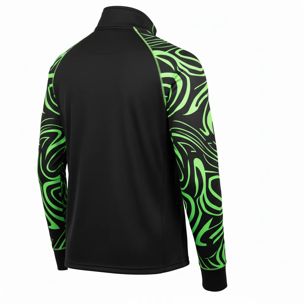 Custom Volleyball Quarter Zip Pullover - Black, Green - Quarter Zip Pullover Neon Wave Pattern - Back View - HAMCO Sports Inc.
