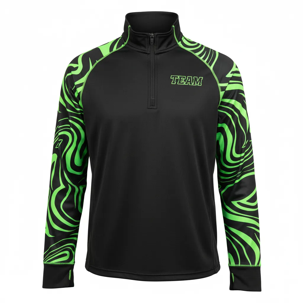 Custom Volleyball Quarter Zip Pullover - Black, Green - Quarter Zip Pullover Neon Wave Pattern - Front View - HAMCO Sports Inc.