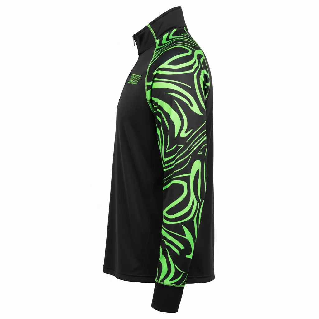 Custom Volleyball Quarter Zip Pullover - Black, Green - Quarter Zip Pullover Neon Wave Pattern - Side View - HAMCO Sports Inc.