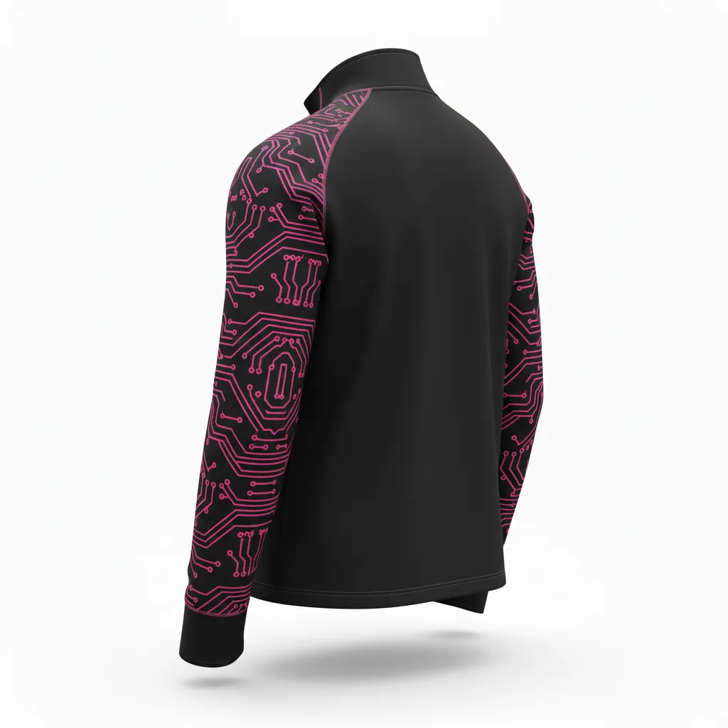 Custom Volleyball Quarter Zip Pullover - Black - Quarter Zip Pullover Neon Pink Circuit Pattern - Back View - HAMCO Sports Inc.