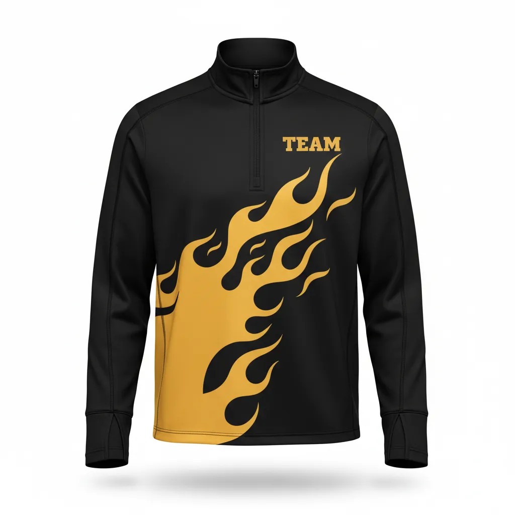 Custom Volleyball Quarter Zip Pullover - Black, Gold - Quarter Zip Pullover Vegas Flame Design - Front View - HAMCO Sports Inc.