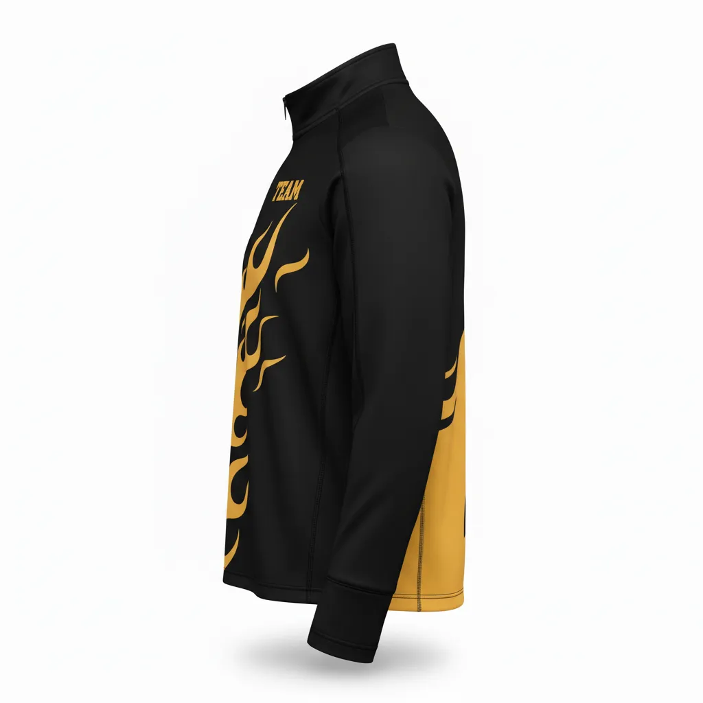 Custom Volleyball Quarter Zip Pullover - Black, Gold - Quarter Zip Pullover Vegas Flame Design - Side View - HAMCO Sports Inc.