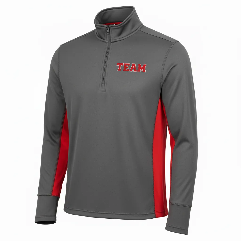 Custom Volleyball Quarter Zip Pullover - Grey, Red - Quarter Zip Pullover Charcoal Athletic Side Stripe - Front View - HAMCO Sports Inc.