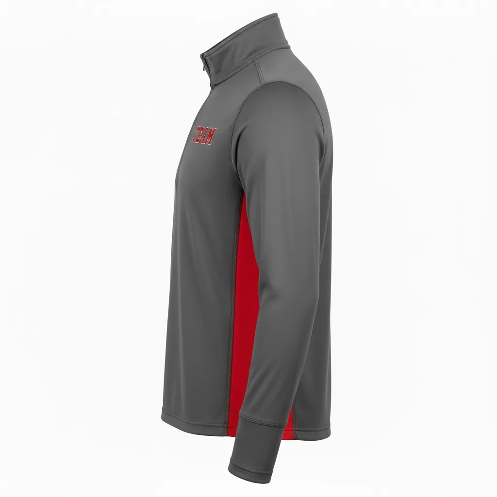 Custom Volleyball Quarter Zip Pullover - Grey, Red - Quarter Zip Pullover Charcoal Athletic Side Stripe - Side View - HAMCO Sports Inc.
