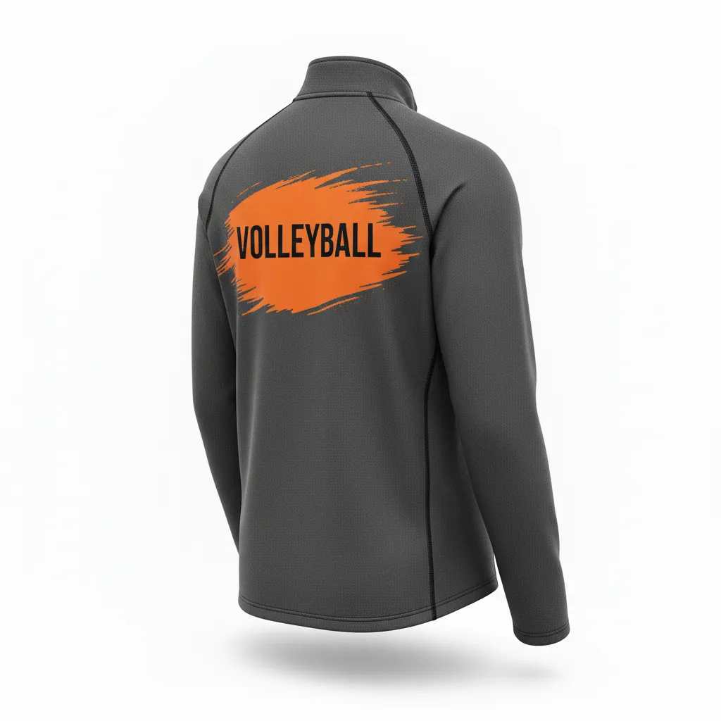 Custom Volleyball Quarter Zip Pullover - Grey, Orange - Quarter Zip Pullover Charcoal Neon Burst - Back View - HAMCO Sports Inc.