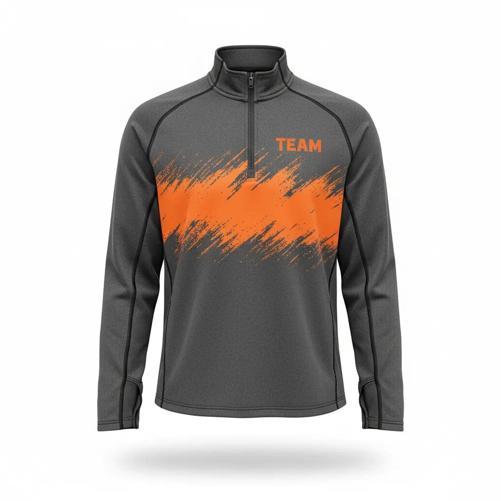 Custom Volleyball Quarter Zip Pullover - Grey, Orange - Quarter Zip Pullover Charcoal Neon Burst - Front View - HAMCO Sports Inc.