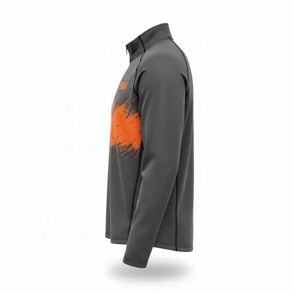 Custom Volleyball Quarter Zip Pullover - Grey, Orange - Quarter Zip Pullover Charcoal Neon Burst - Side View - HAMCO Sports Inc.