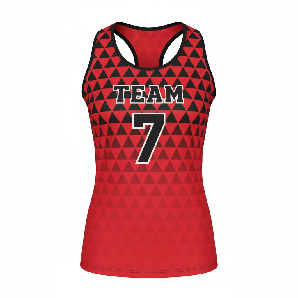 Custom Volleyball Racerback Tanktop Jersey - Red, Black - Racerback Jersey Athletic Geometric Triangles - Front View - HAMCO Sports Inc.