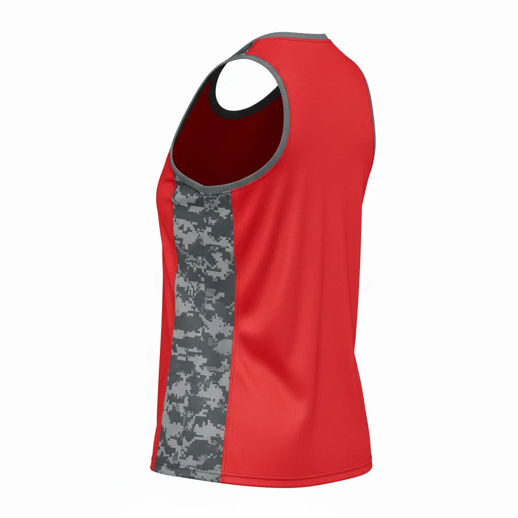 Custom Volleyball Racerback Tanktop Jersey - Red, Grey - Racerback Jersey Athletic Camo Pattern - Back View - HAMCO Sports Inc.