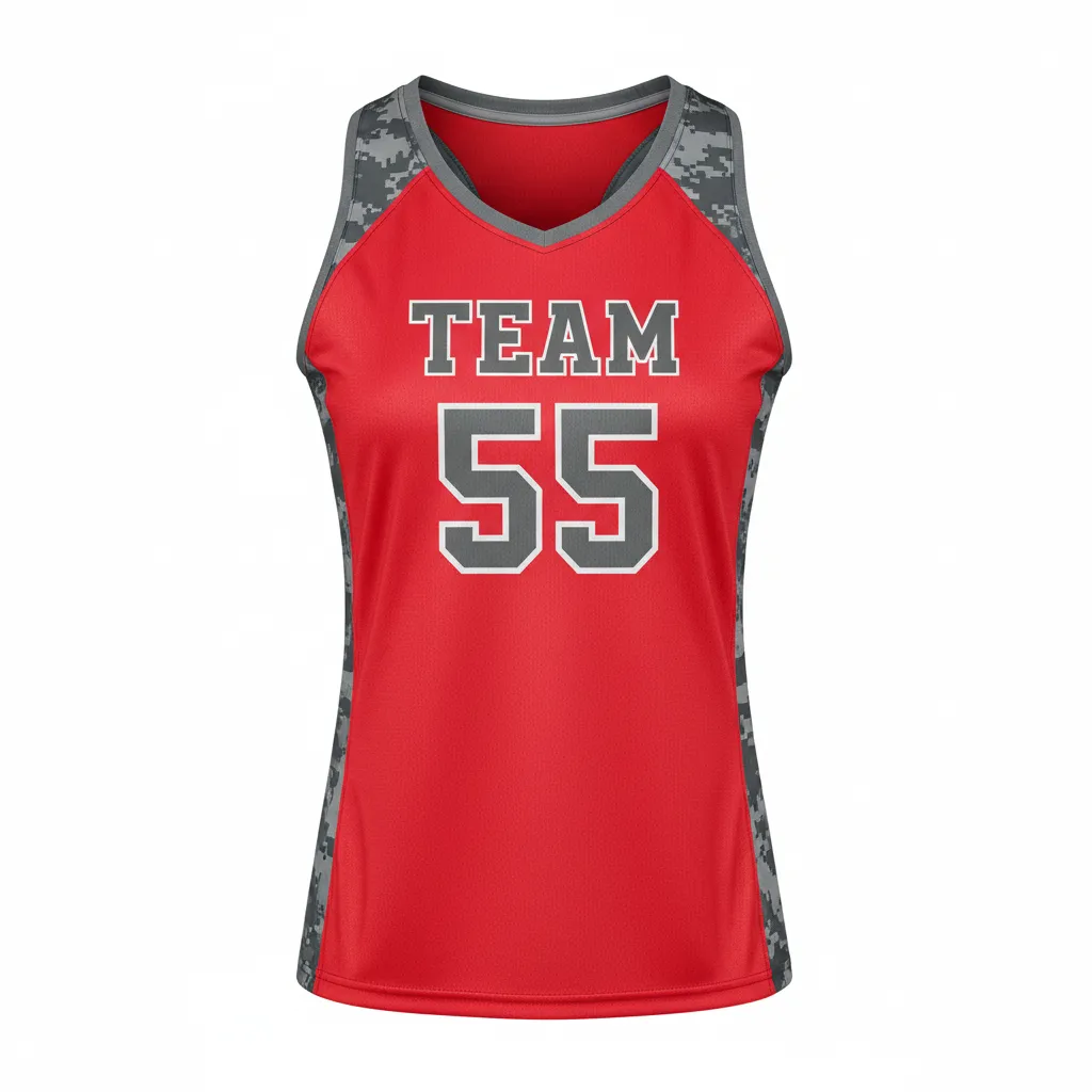 Custom Volleyball Racerback Tanktop Jersey - Red, Grey - Racerback Jersey Athletic Camo Pattern - Front View - HAMCO Sports Inc.