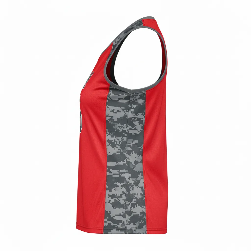 Custom Volleyball Racerback Tanktop Jersey - Red, Grey - Racerback Jersey Athletic Camo Pattern - Side View - HAMCO Sports Inc.