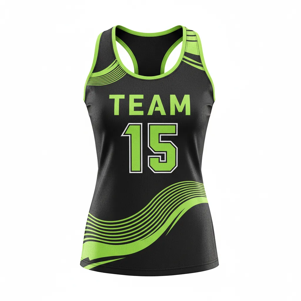 Custom Volleyball Racerback Tanktop Jersey - Black, Green - Racerback Jersey Neon Wave Pattern - Front View - HAMCO Sports Inc.