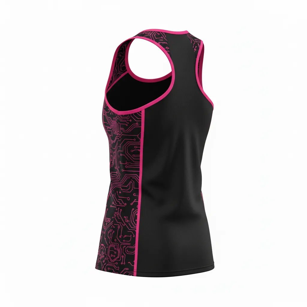 Custom Volleyball Racerback Tanktop Jersey - Black - Racerback Jersey Neon Pink Circuit Pattern - Back View - HAMCO Sports Inc.
