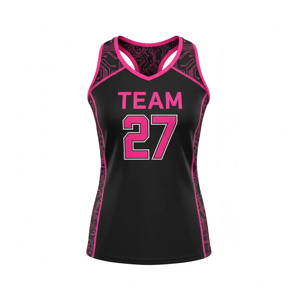 Custom Volleyball Racerback Tanktop Jersey - Black - Racerback Jersey Neon Pink Circuit Pattern - Front View - HAMCO Sports Inc.