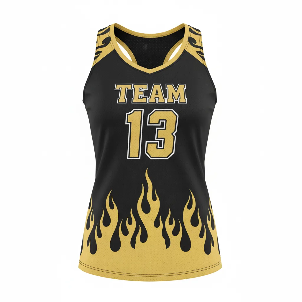 Custom Volleyball Racerback Tanktop Jersey - Black, Gold - Racerback Jersey Vegas Flame Design - Front View - HAMCO Sports Inc.