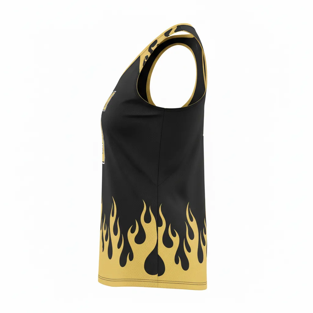 Custom Volleyball Racerback Tanktop Jersey - Black, Gold - Racerback Jersey Vegas Flame Design - Side View - HAMCO Sports Inc.