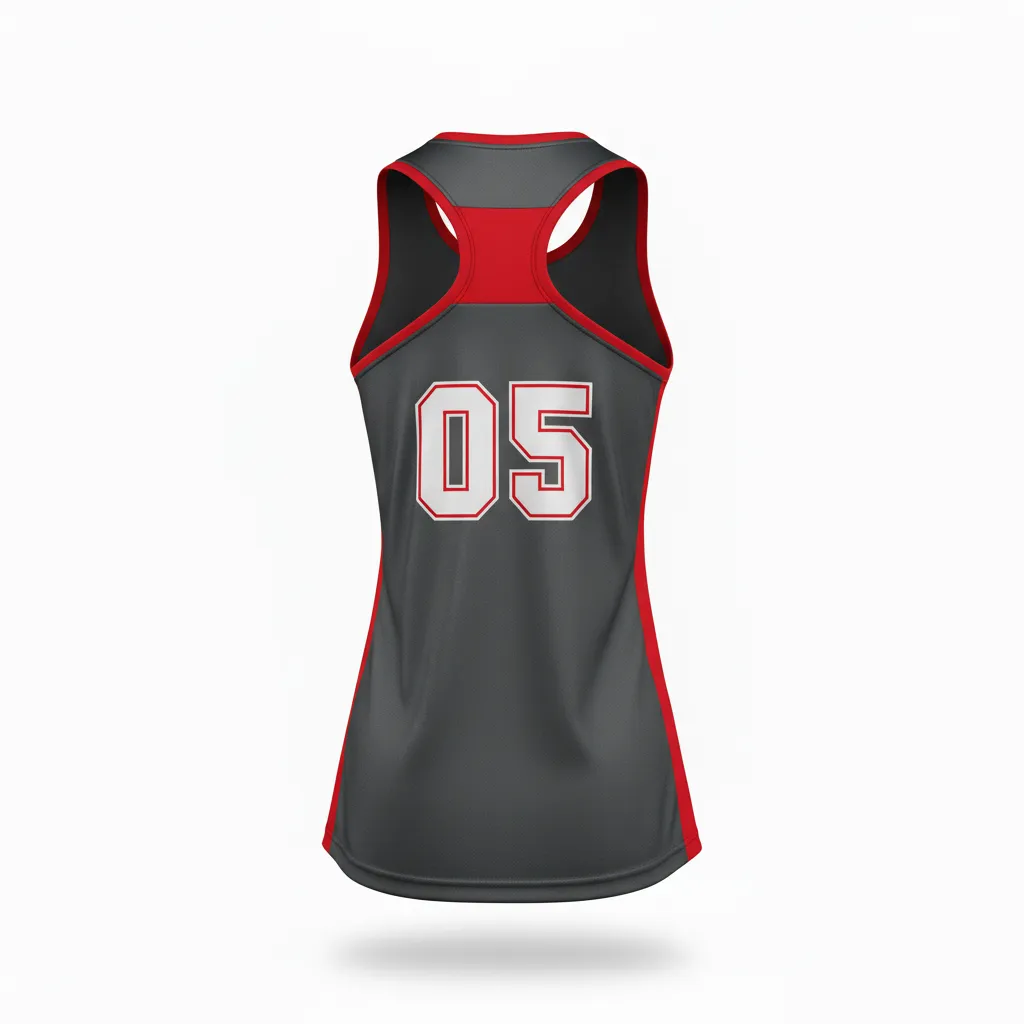 Custom Volleyball Racerback Tanktop Jersey - Grey, Red - Racerback Jersey Charcoal Athletic Side Stripe - Back View - HAMCO Sports Inc.