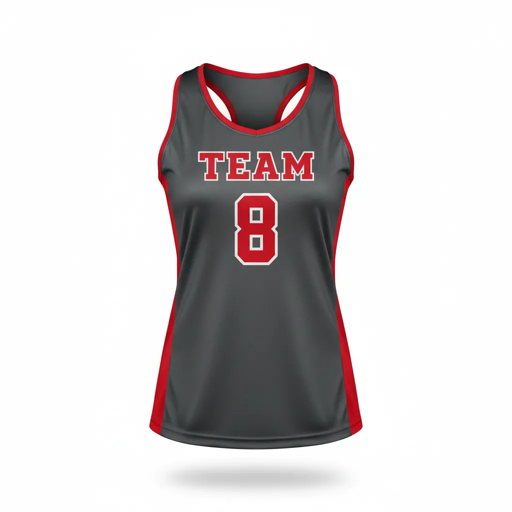 Custom Volleyball Racerback Tanktop Jersey - Grey, Red - Racerback Jersey Charcoal Athletic Side Stripe - Front View - HAMCO Sports Inc.