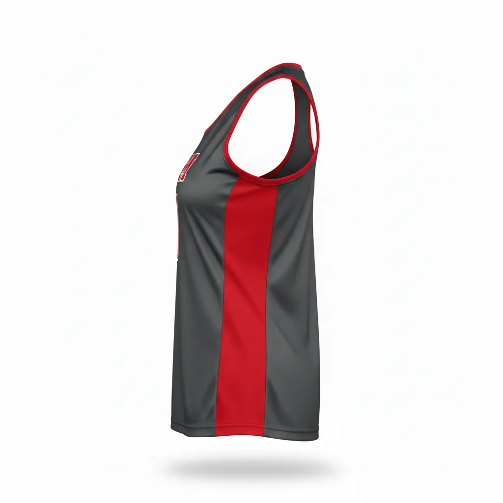 Custom Volleyball Racerback Tanktop Jersey - Grey, Red - Racerback Jersey Charcoal Athletic Side Stripe - Side View - HAMCO Sports Inc.