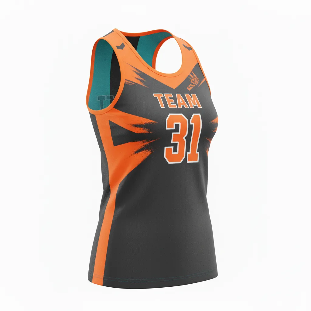 Custom Volleyball Racerback Tanktop Jersey - Grey, Orange - Racerback Jersey Charcoal Neon Burst - Front View - HAMCO Sports Inc.