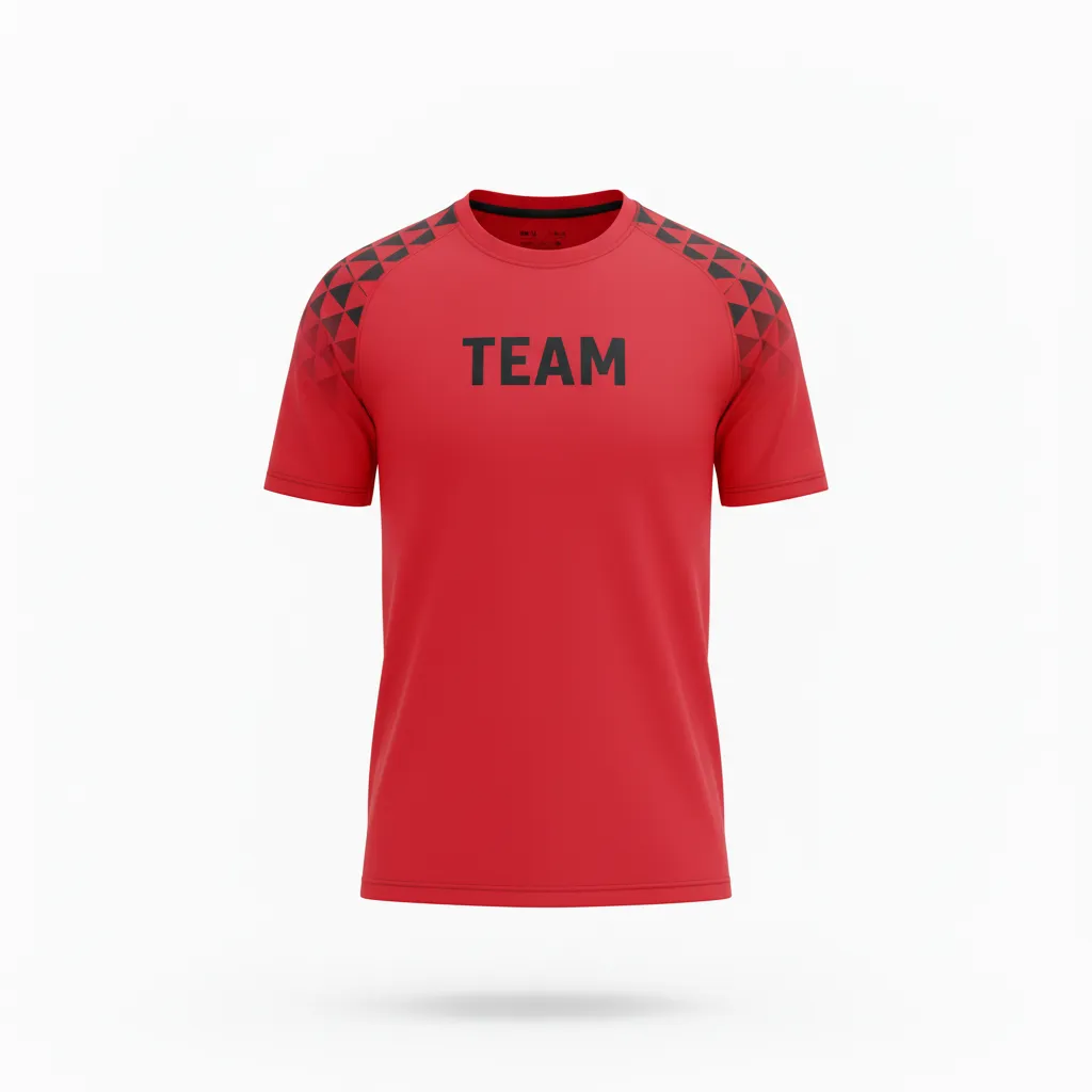 Custom Volleyball Short Sleeve T Shirt - Red, Black - Short Sleeve Training Tee Athletic Geometric Triangles - Front View - HAMCO Sports Inc.