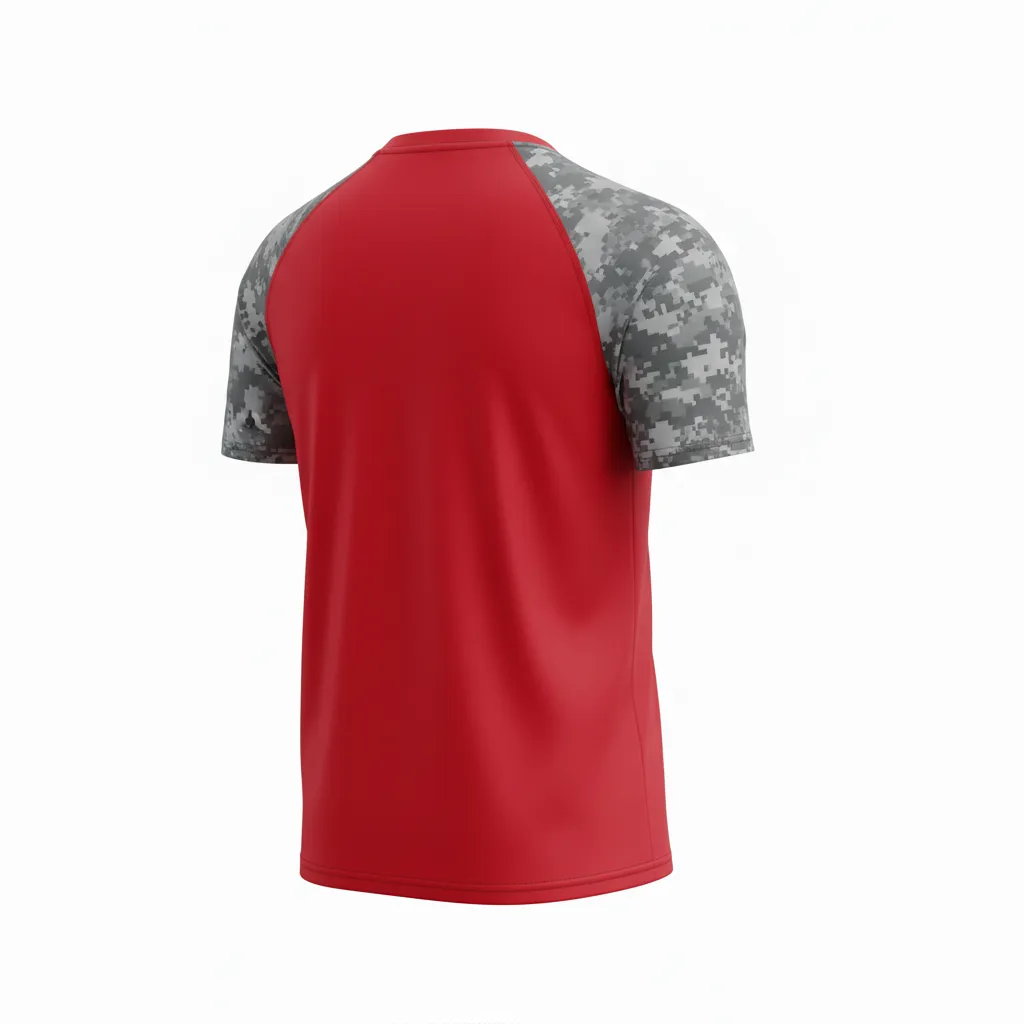 Custom Volleyball Short Sleeve T Shirt - Red, Grey - Short Sleeve Training Tee Athletic Camo Pattern - Back View - HAMCO Sports Inc.