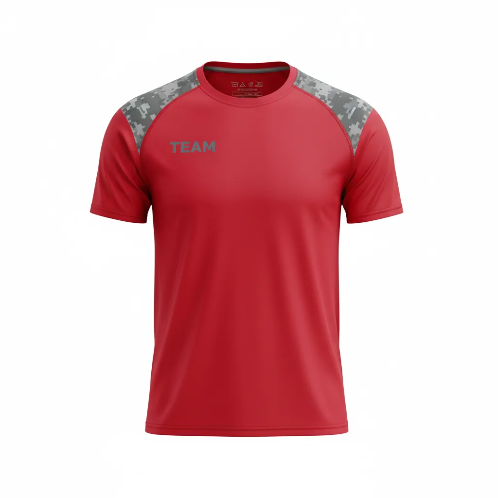 Custom Volleyball Short Sleeve T Shirt - Red, Grey - Short Sleeve Training Tee Athletic Camo Pattern - Front View - HAMCO Sports Inc.