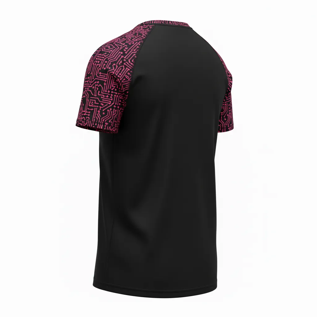 Custom Volleyball Short Sleeve T Shirt - Black - Short Sleeve Training Tee Neon Pink Circuit Pattern - Back View - HAMCO Sports Inc.