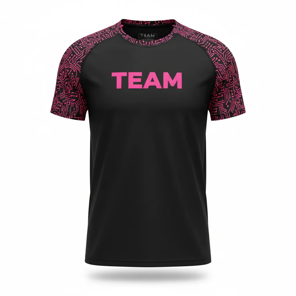 Custom Volleyball Short Sleeve T Shirt - Black - Short Sleeve Training Tee Neon Pink Circuit Pattern - Front View - HAMCO Sports Inc.
