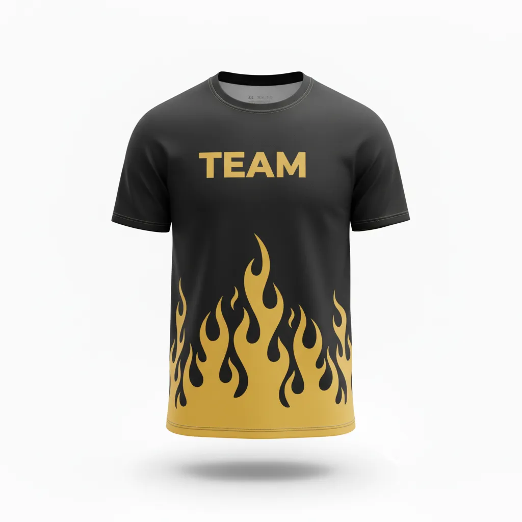 Custom Volleyball Short Sleeve T Shirt - Black, Gold - Short Sleeve Training Tee Vegas Flame Design - Front View - HAMCO Sports Inc.