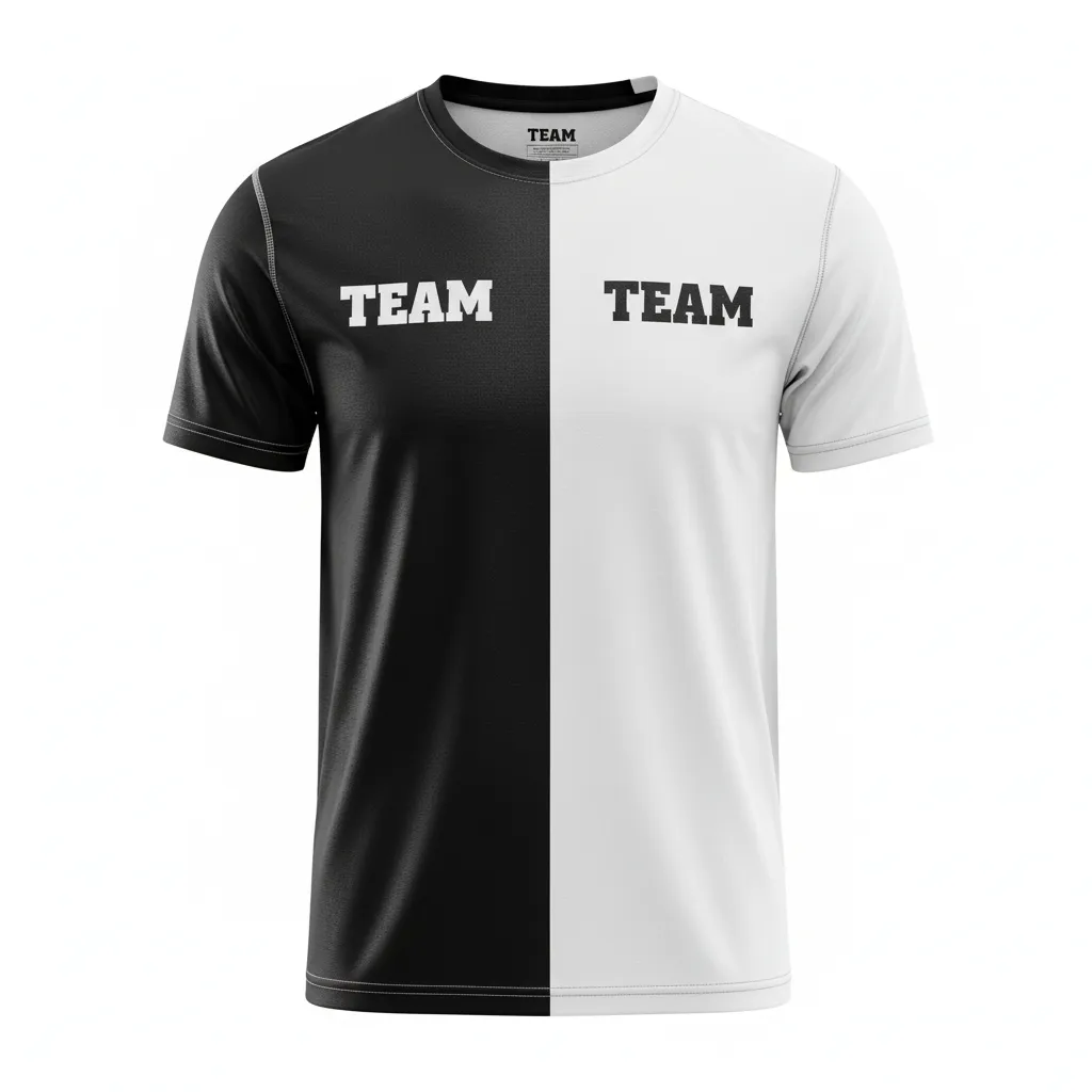Custom Volleyball Short Sleeve T Shirt - Black, White - Short Sleeve Training Tee Half And Half - Front View - HAMCO Sports Inc.