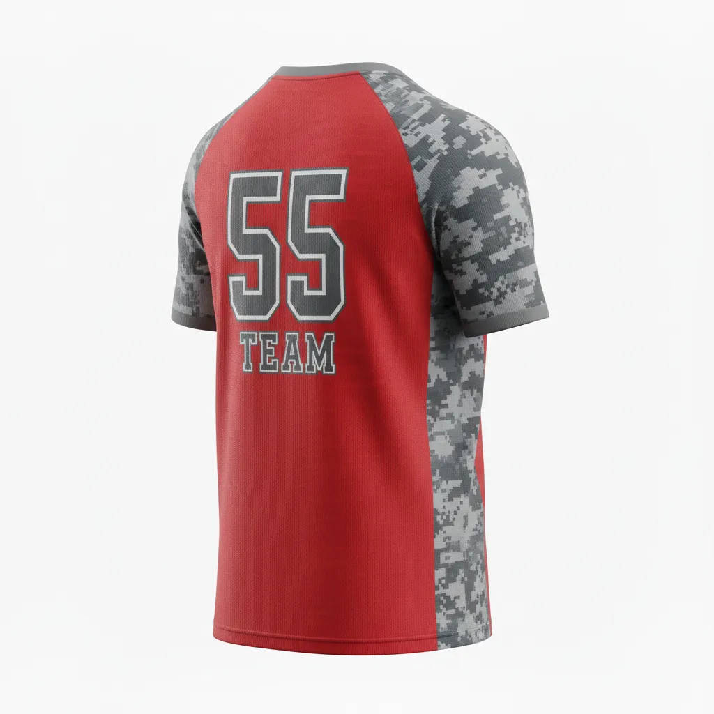 Custom Volleyball Short Sleeve Volleyball Jersey - Red, Grey - Short Sleeve Jersey Athletic Camo Pattern - Back View - HAMCO Sports Inc.