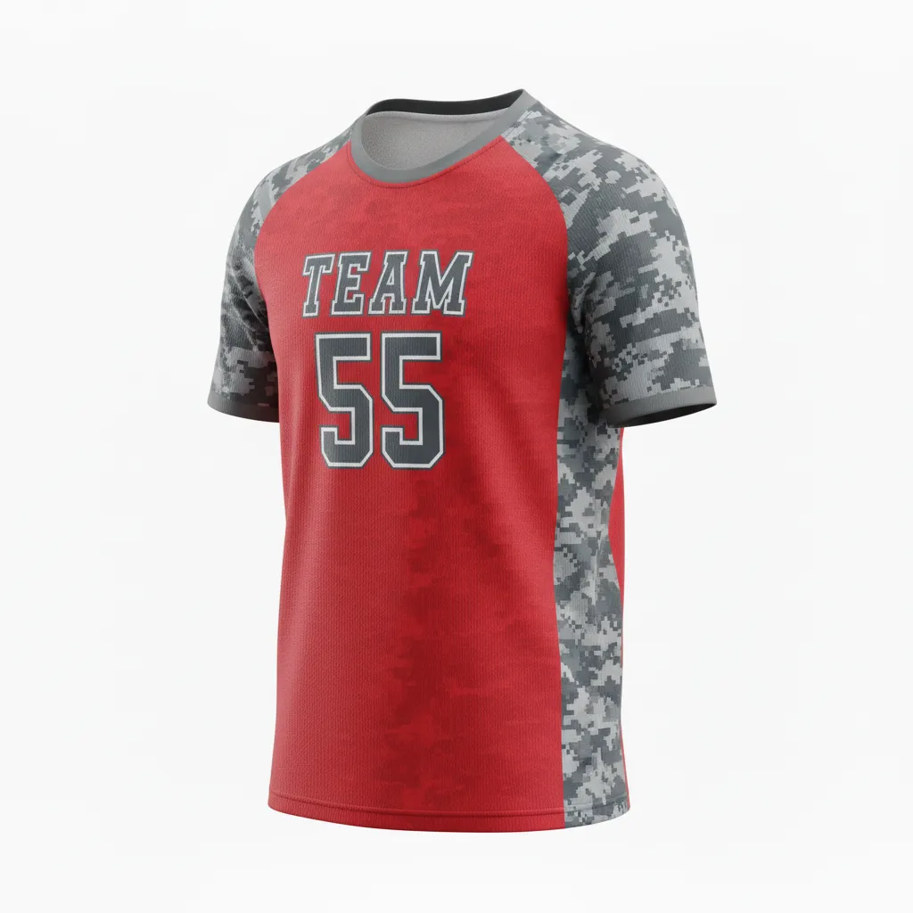 Custom Volleyball Short Sleeve Volleyball Jersey - Red, Grey - Short Sleeve Jersey Athletic Camo Pattern - Front View - HAMCO Sports Inc.