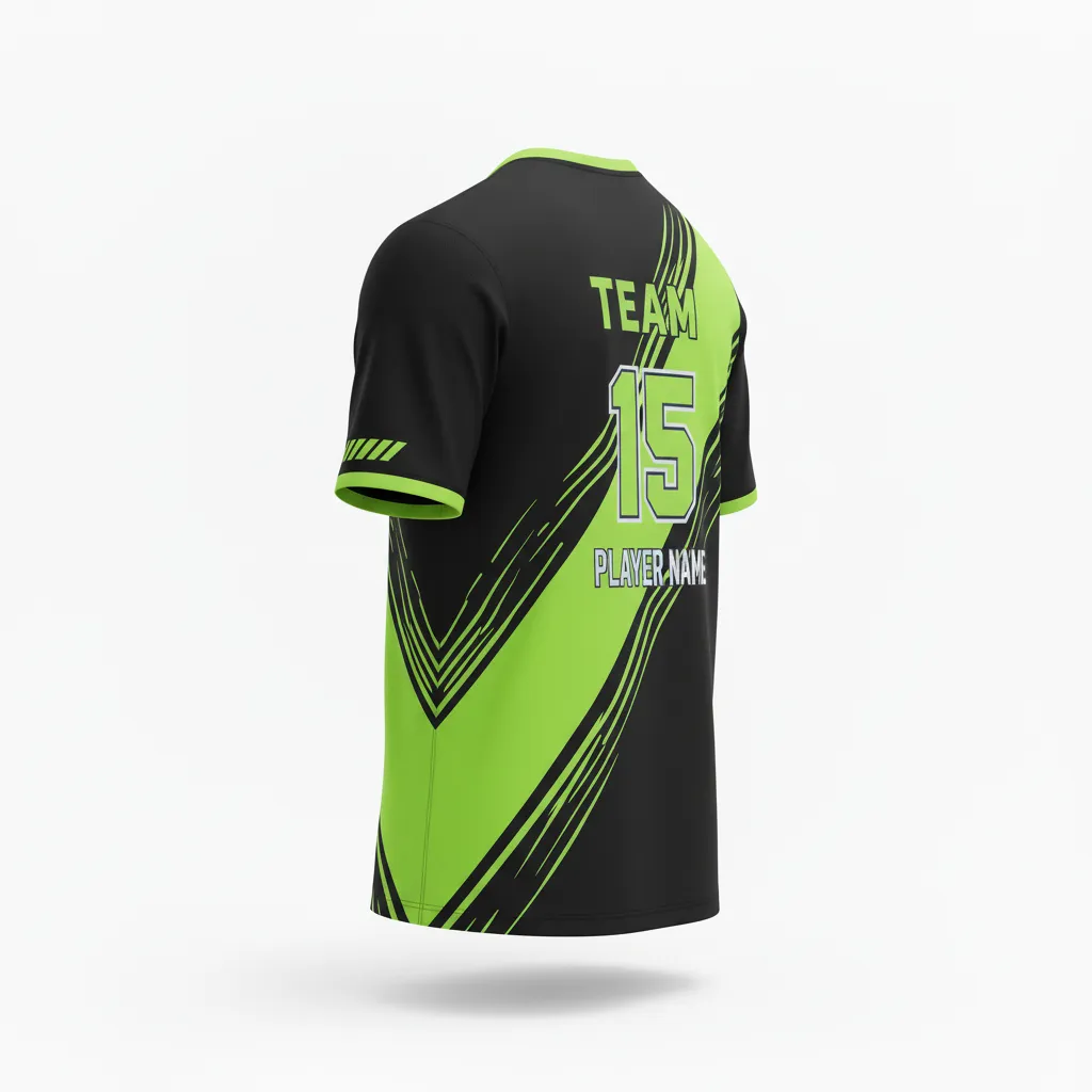 Custom Volleyball Short Sleeve Volleyball Jersey - Black, Green - Short Sleeve Jersey Neon Wave Pattern - Back View - HAMCO Sports Inc.