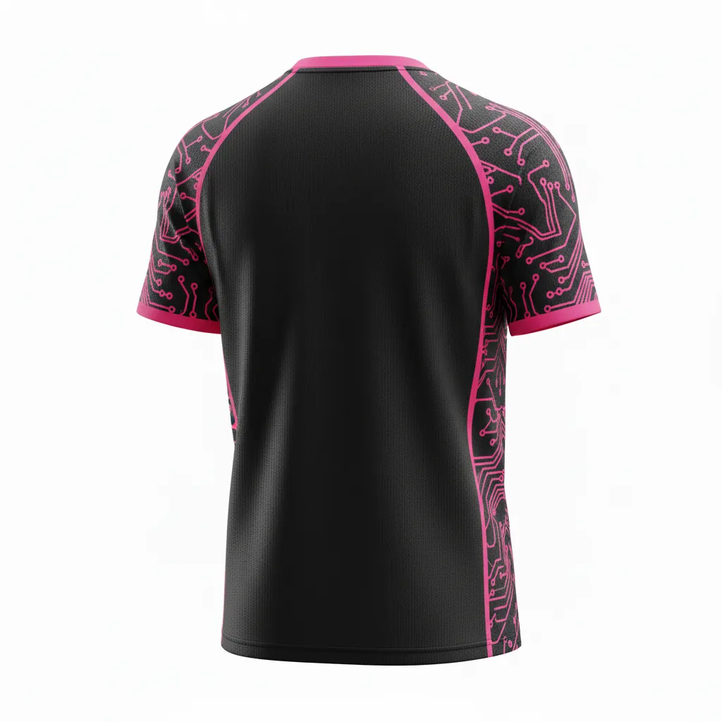Custom Volleyball Short Sleeve Volleyball Jersey - Black - Short Sleeve Jersey Neon Pink Circuit Pattern - Back View - HAMCO Sports Inc.