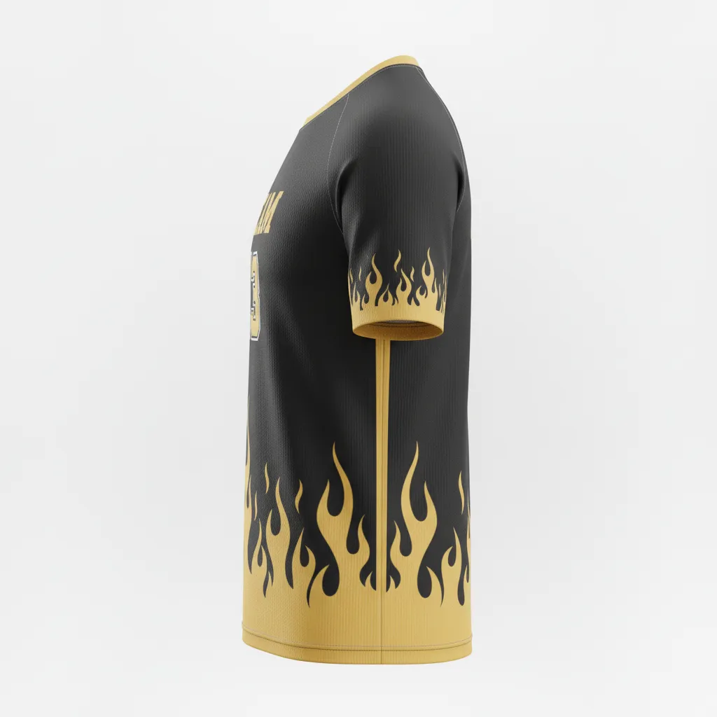 Custom Volleyball Short Sleeve Volleyball Jersey - Black, Gold - Short Sleeve Jersey Vegas Flame Design - Side View - HAMCO Sports Inc.